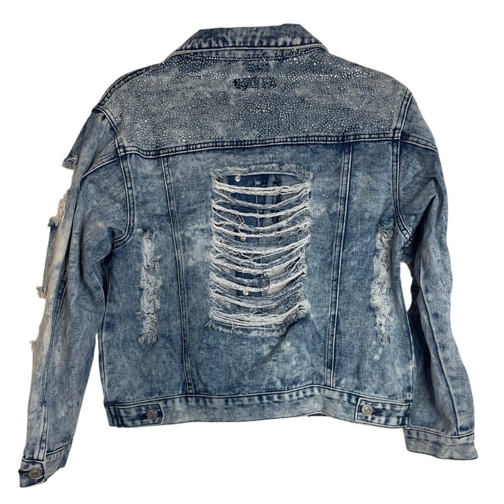 Thrill Jeans Denim Jacket Women's L Acid Wash Fringe Ripped Y2K Jean Distressed - Picture 2 of 7
